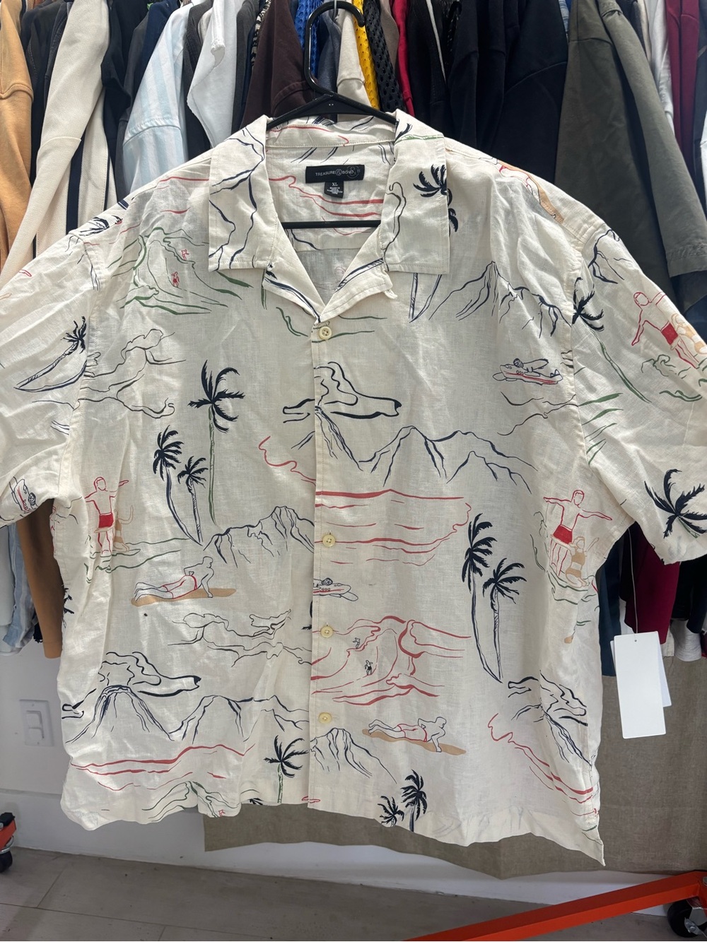 Treasure & Bond Cream Short-Sleeve Button Down with Surf & Palm Print